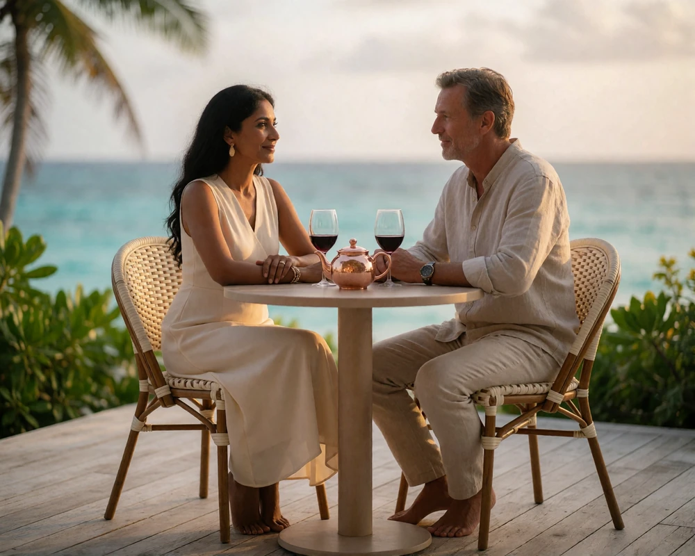 A couple seated together at a small table on an oceanfront resort terrace, sharing a warm conversation over tea