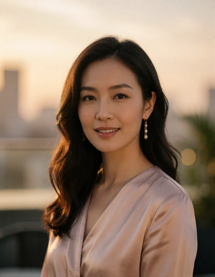 Elegant Chinese woman in a blush silk wrap photographed on a rooftop lounge at dusk