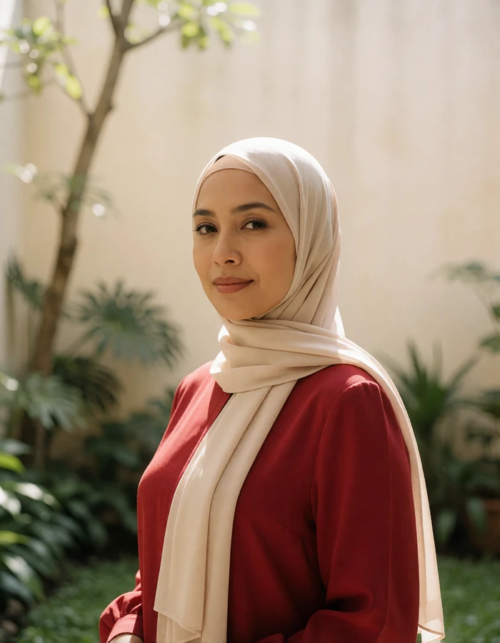 Elegant Singaporean woman in an ivory headscarf standing in a sunlit garden courtyard