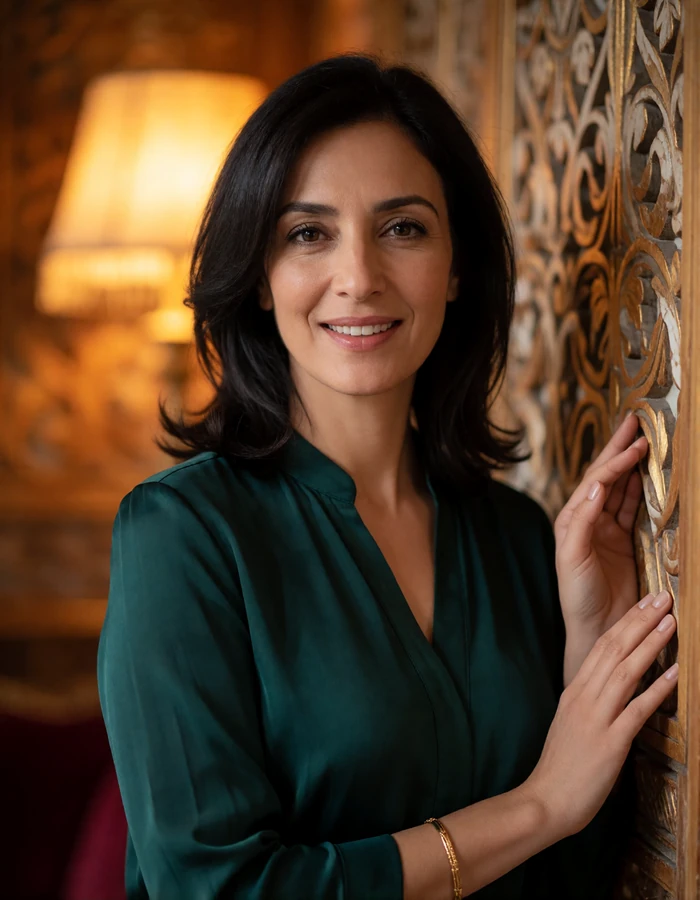 Yemeni woman in a dark emerald blouse beside warm lamplight offering a reassuring smile