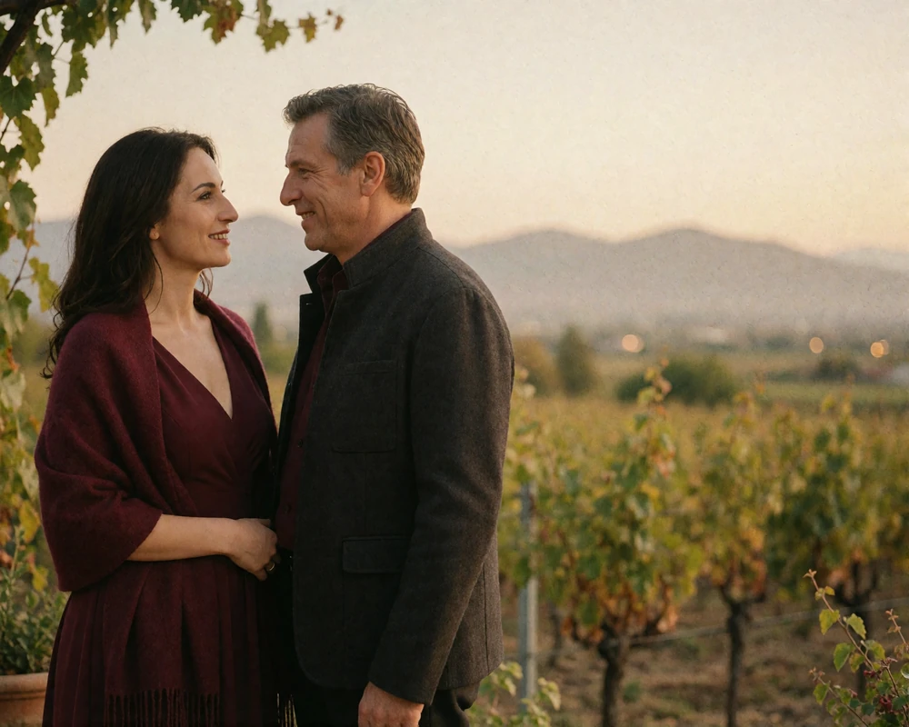 Armenian woman and Western man standing close together on a vineyard terrace at golden hour