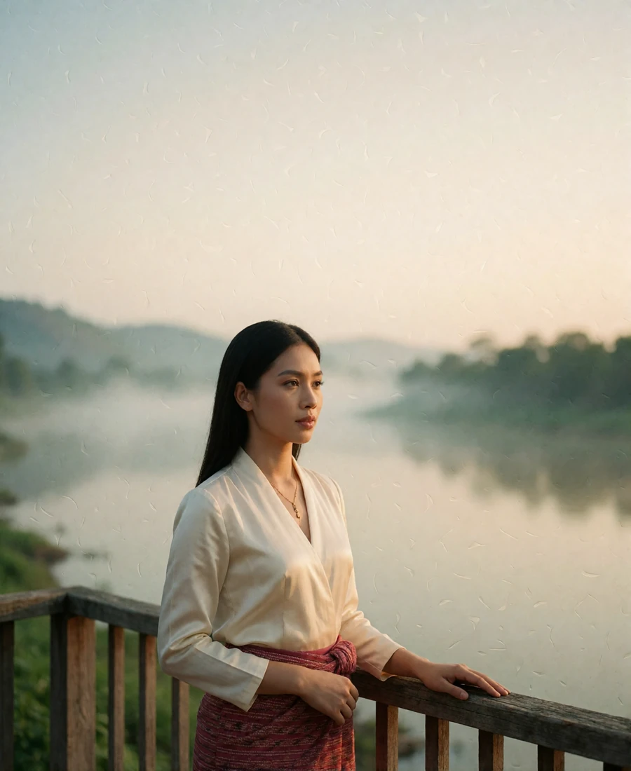 Poised Laotian woman in a rose woven sinh standing on a wooden terrace above a misty river at dawn