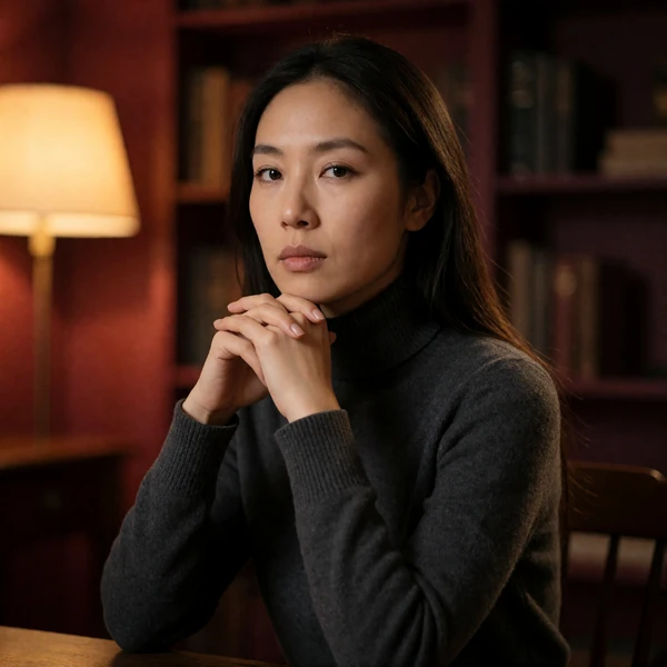 Serious woman in a charcoal turtleneck seated in a dim study, chin resting on interlaced fingers