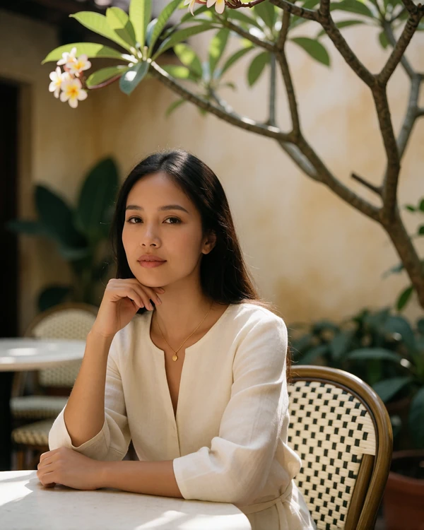 Thoughtful Laotian woman in an ivory linen blouse seated at a shaded courtyard cafe table