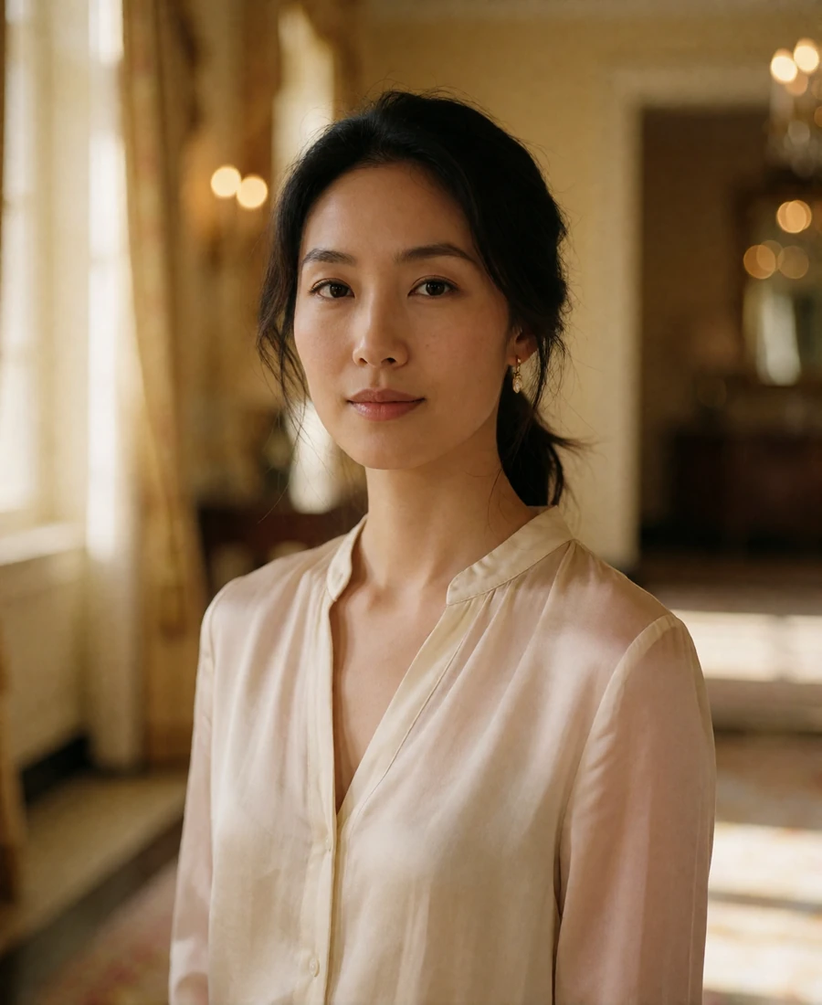Verified Blossom Romance member in an ivory silk blouse smiling in a sunlit upscale hotel lobby