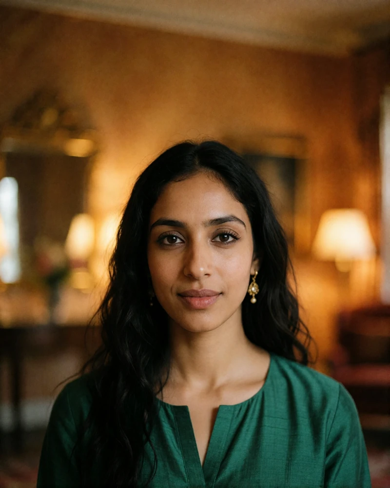 Smiling Indian woman in an emerald silk kurta with a warm blurred amber interior behind her
