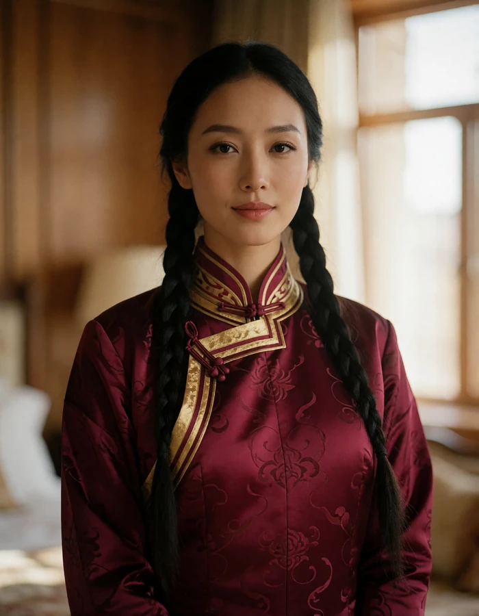 Poised Mongolian woman in a refined burgundy silk deel-inspired dress with subtle gold trim, photographed indoors