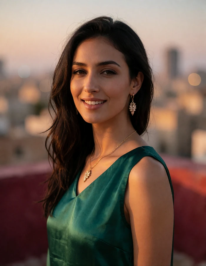 Graceful Jordanian woman in emerald silk on a rooftop terrace at golden hour