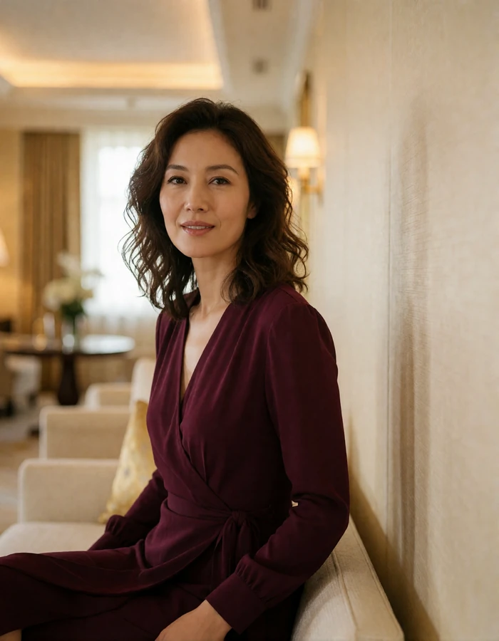 Mongolian woman with wavy shoulder-length hair in a deep wine wrap dress seated in a hotel lounge