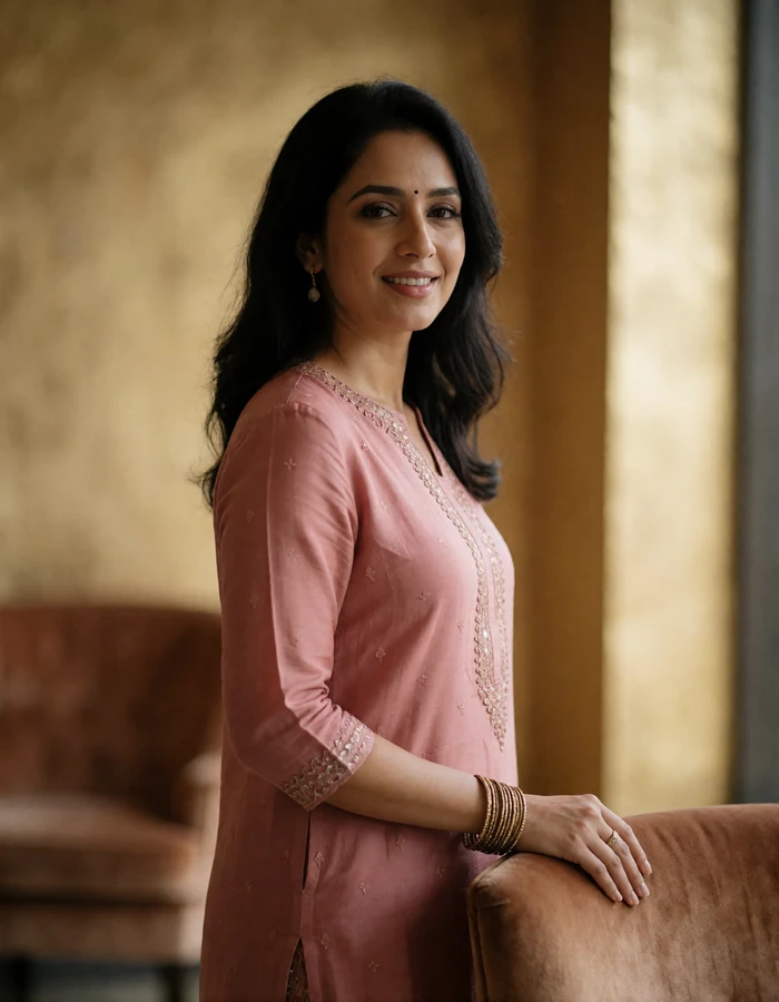 Elegant Malaysian woman of Indian heritage in a dusty rose kurta standing in a softly lit lounge