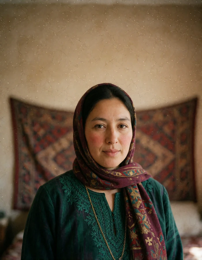 Afghan woman in a deep emerald embroidered tunic and blush headscarf in a warm plaster interior