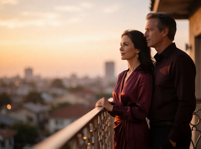 Mature couple standing side by side at a rooftop terrace railing at sunset, looking out together