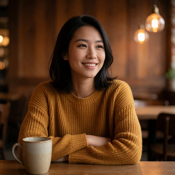 Cheerful Asian woman in a mustard sweater smiling in a warm café corner