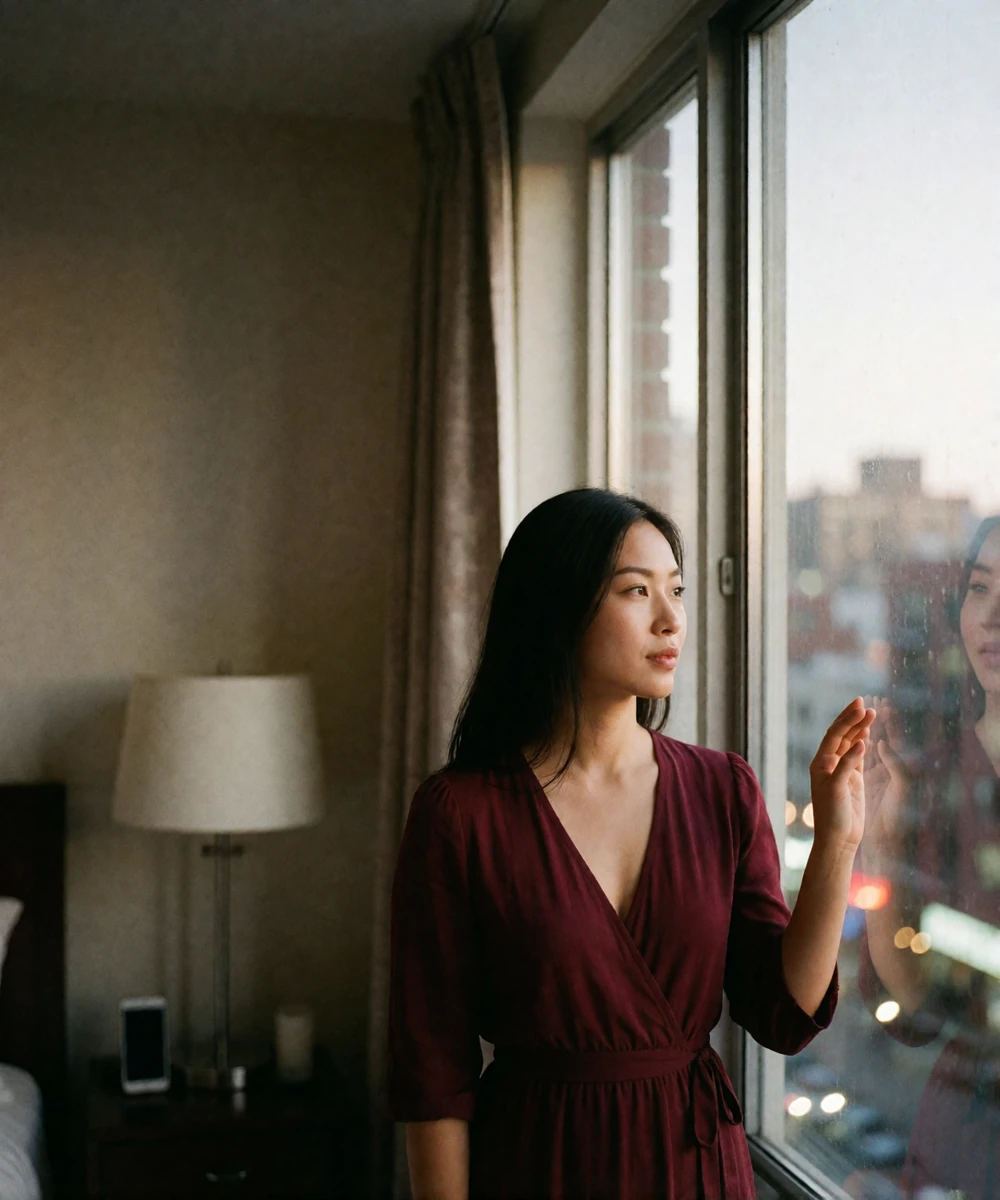 Elegant Asian woman in a deep wine wrap dress standing by an apartment window at dusk, waiting with quiet anticipation