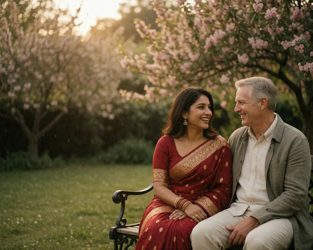 Indian woman and American man laughing together on a garden bench surrounded by blurred flowering trees