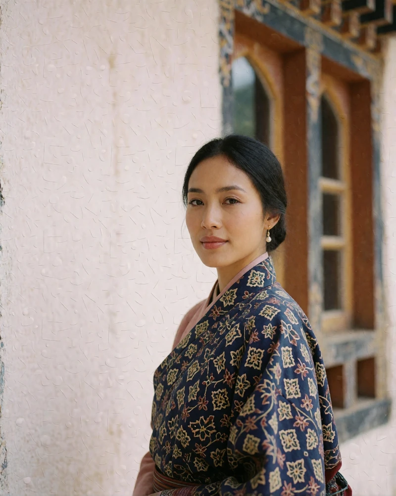 Poised Bhutanese woman in an indigo patterned kira standing near a softly blurred whitewashed wall