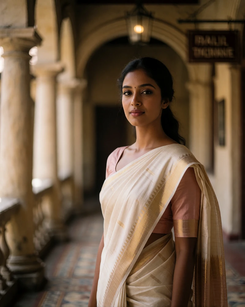 Poised Sri Lankan woman in an ivory silk sari with a slim gold border standing in a quiet colonial hotel corridor