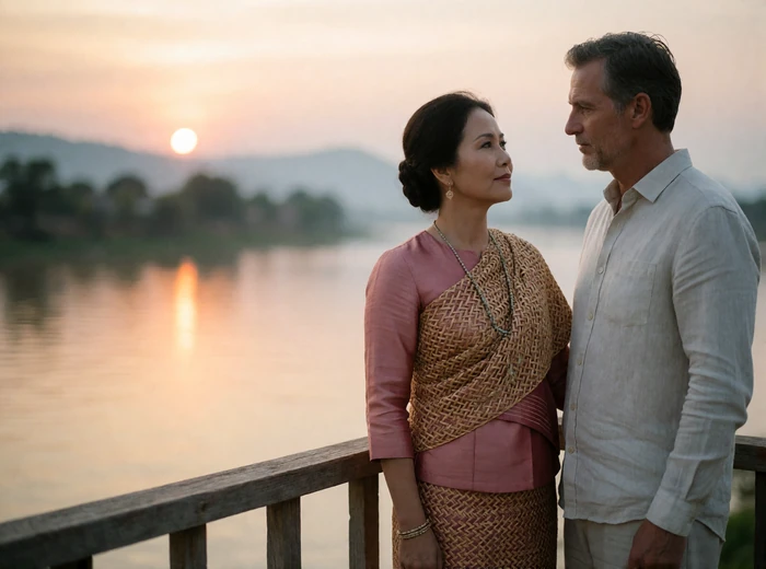 Mature couple standing close together at a wooden river overlook at sunset, quietly talking