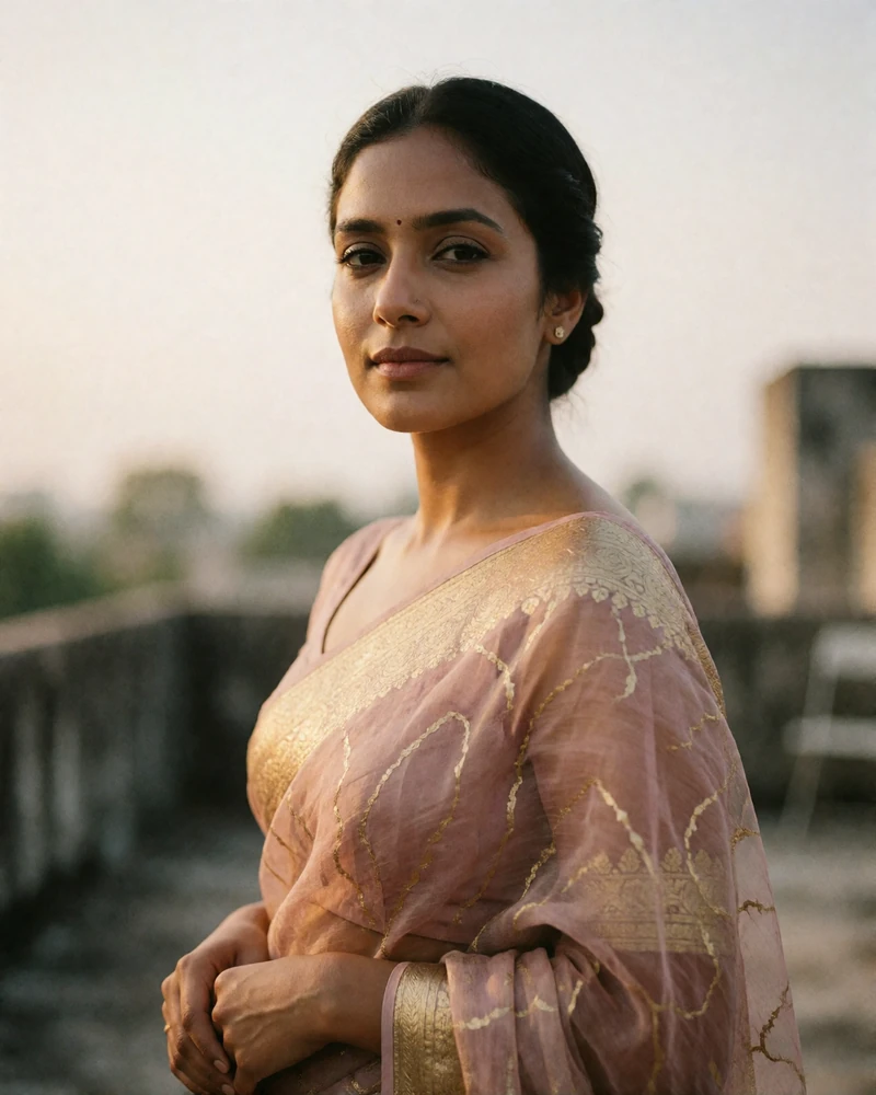 Graceful Indian woman in a blush chiffon saree standing on a rooftop terrace at golden hour