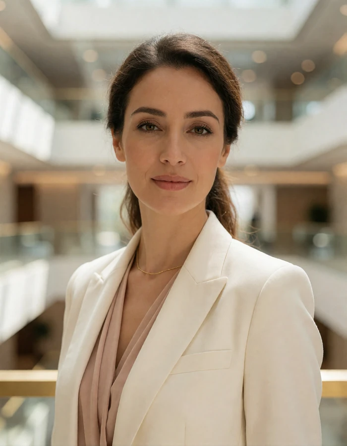 Poised Jordanian woman in an ivory blazer standing in a modern office atrium