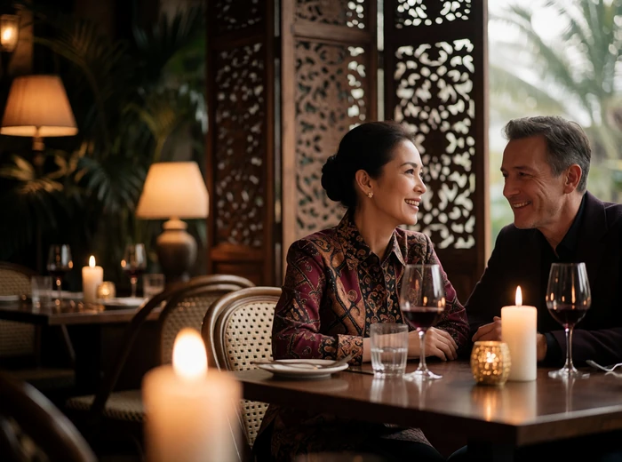 Mature couple sharing a quiet laugh over a candlelit dinner framed by carved wooden screens