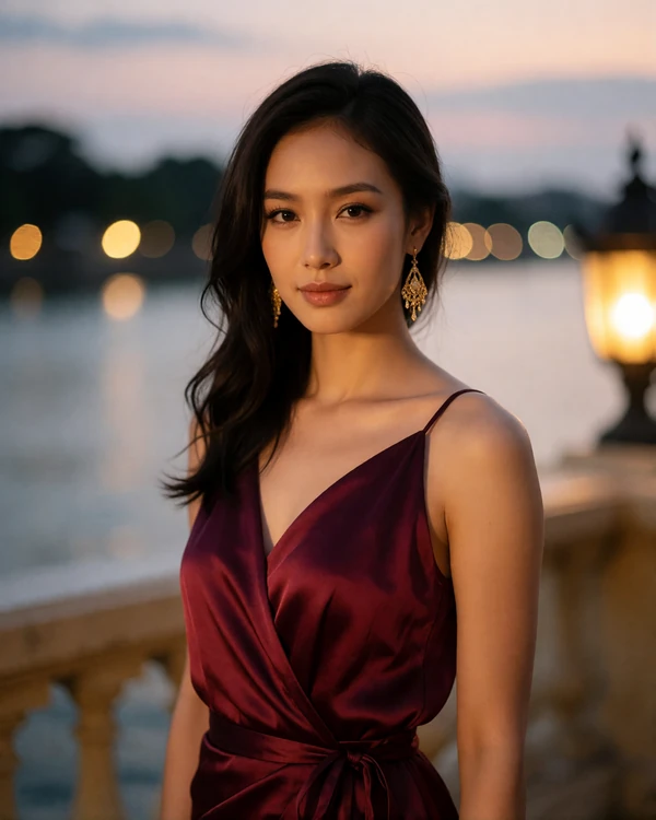 Elegant Thai woman in a wine silk wrap dress smiling on a riverside terrace at dusk with warm lantern light