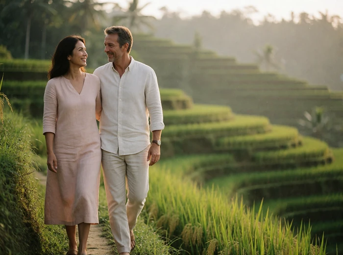 Mature couple walking together along a path above green rice terraces in the late afternoon light