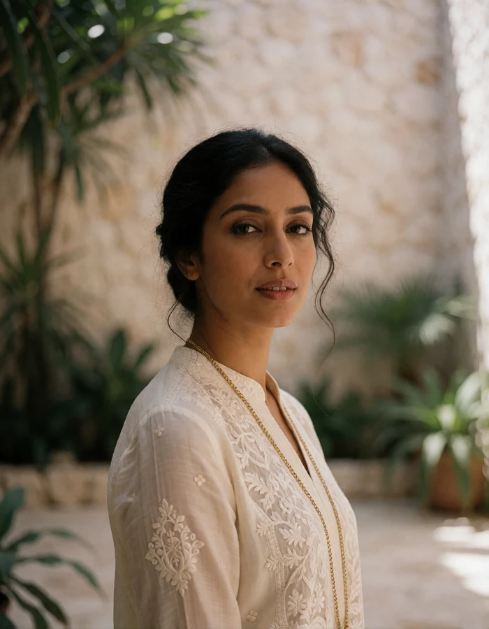 Calm Timorese woman in her mid thirties wearing an ivory linen shirt, photographed in a bright interior with soft daylight