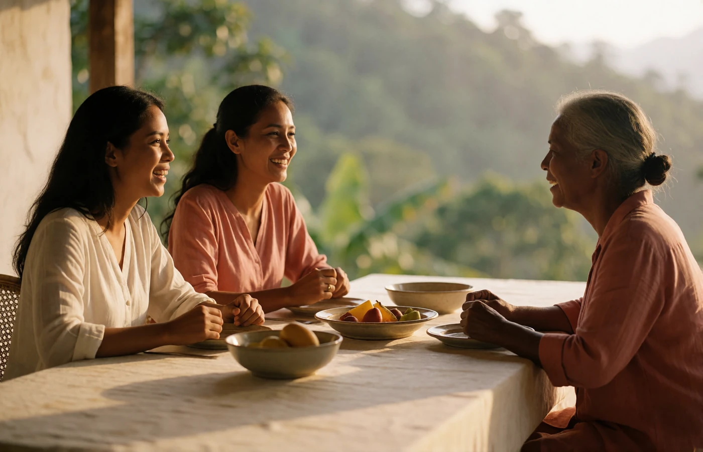 Three generations of a Timorese family sharing a long table on a shaded veranda during an afternoon gathering