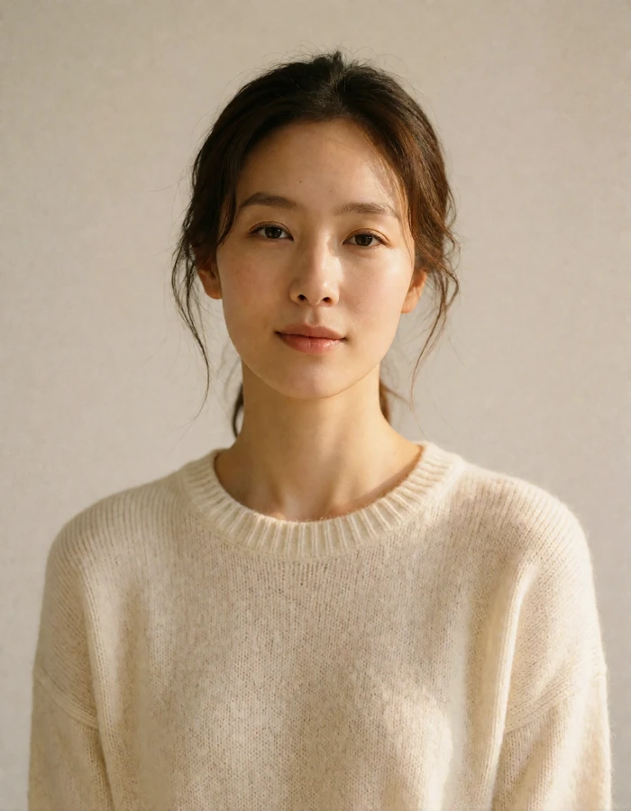 Korean woman in a cream knit sweater against a plain warm studio backdrop