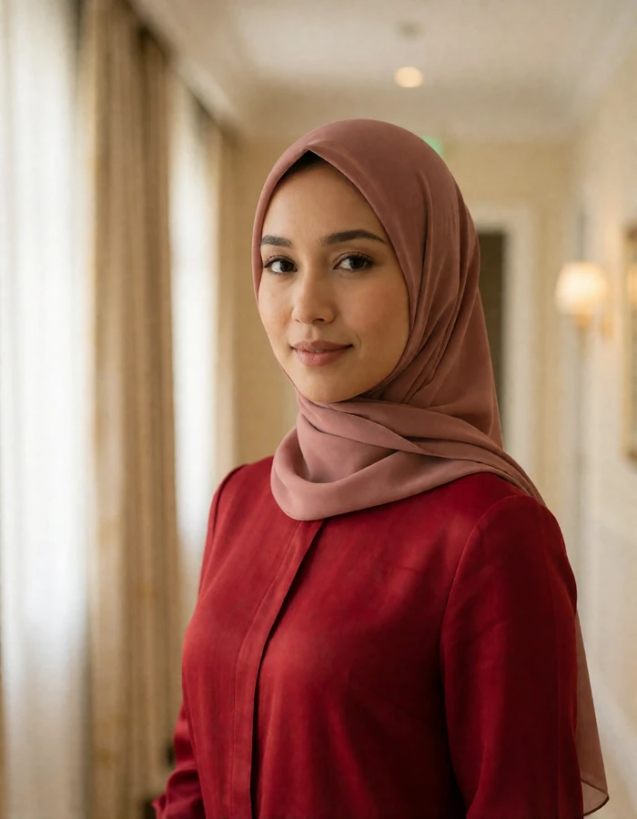 Elegant Bruneian woman in a deep red long-sleeved blouse and matching headscarf standing in a bright hotel corridor