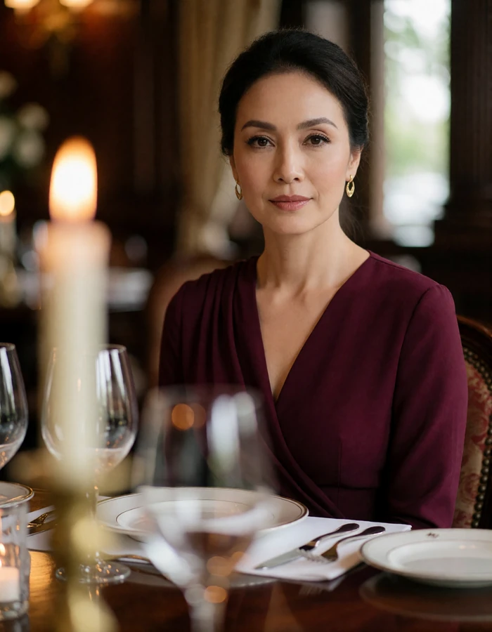 Vietnamese woman in an elegant wine dress seated at a fine dining table with warm eye contact