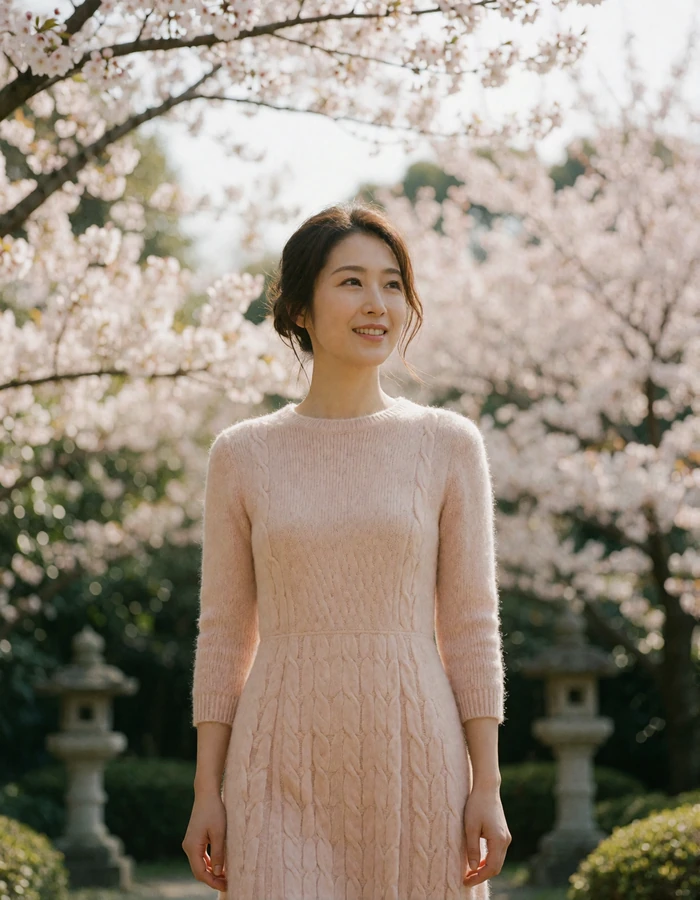 Japanese woman in a soft blush knit dress standing in a formal garden beneath blossoming trees
