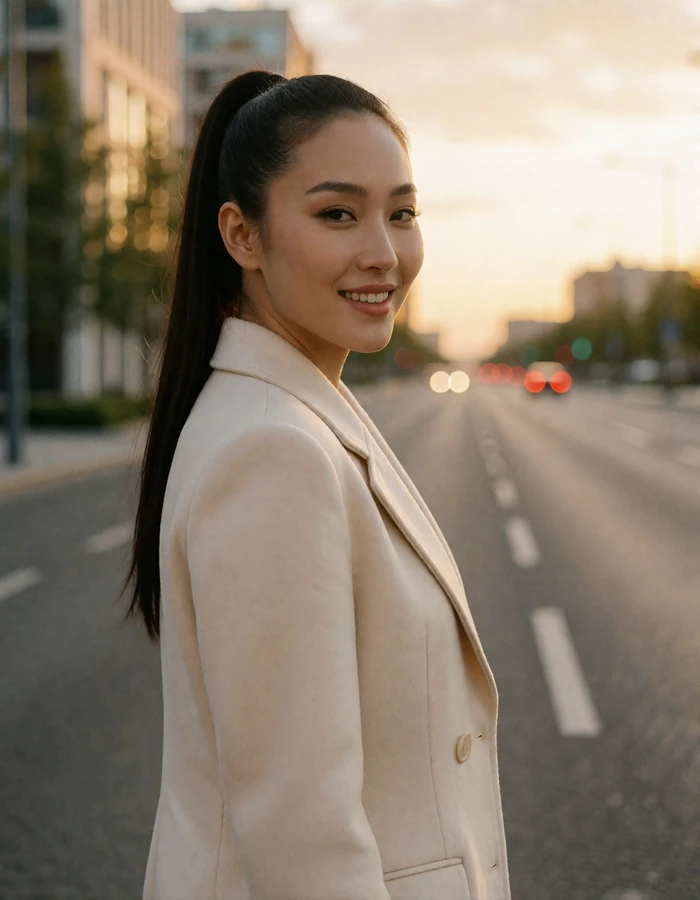 Confident Mongolian woman in a tailored ivory coat on an elegant city street at golden hour