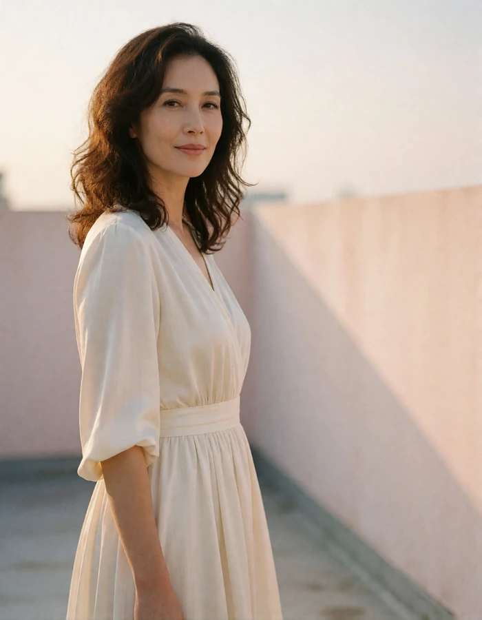 Korean woman in an elegant ivory dress standing on a quiet terrace at evening light
