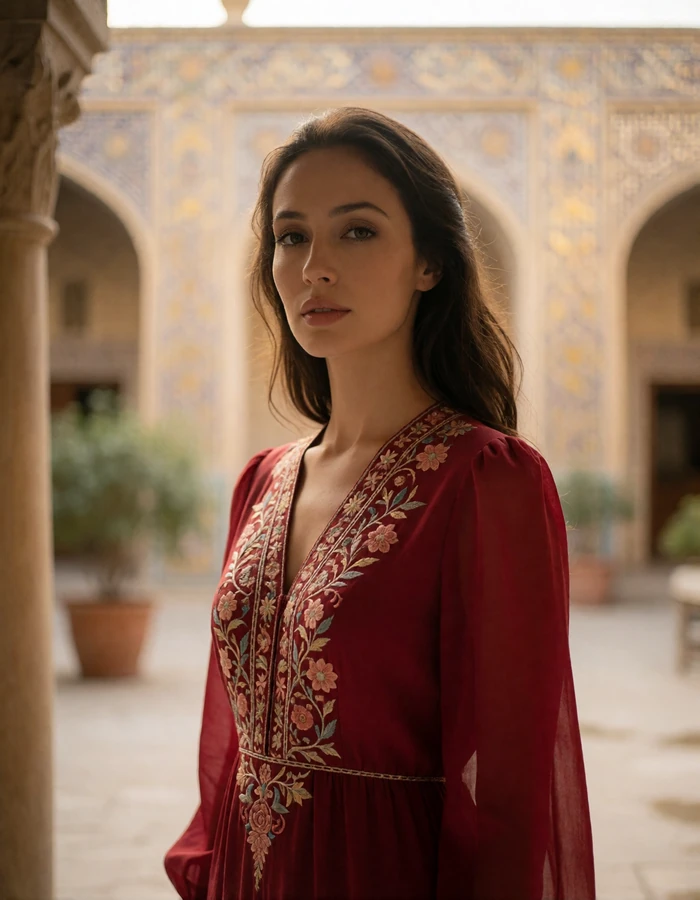 Poised Uzbek woman in a deep red embroidered dress in a shaded Samarkand courtyard