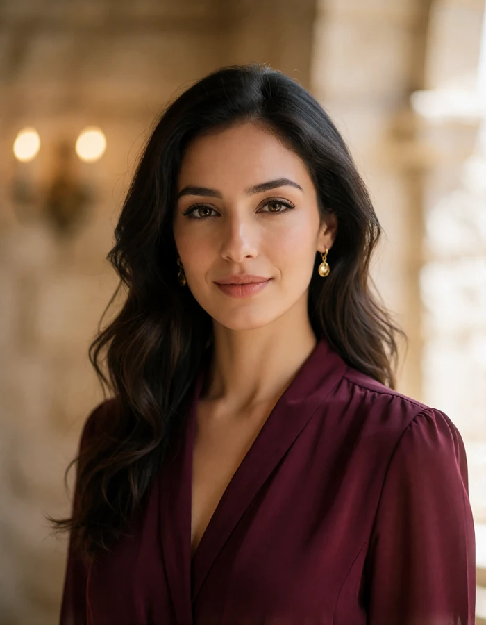 Smiling Jordanian woman in a deep wine blouse photographed in a warmly lit stone interior