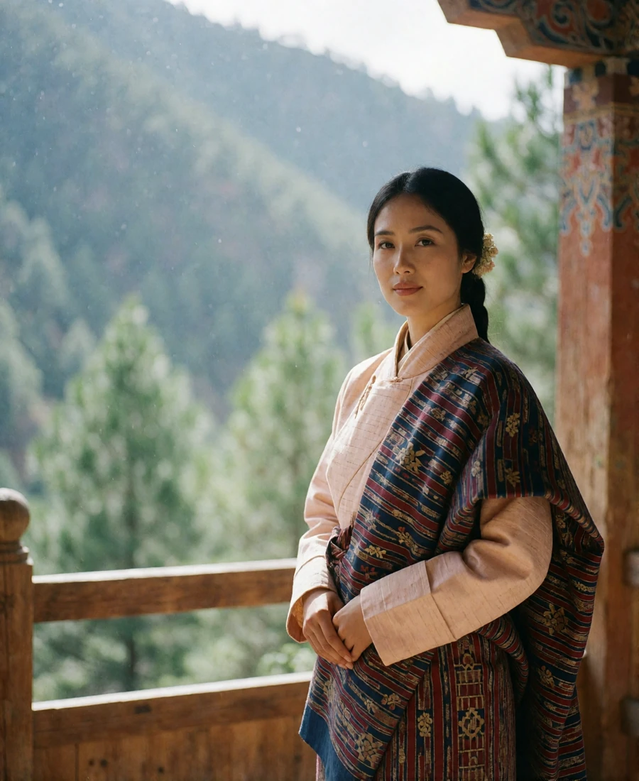 Composed Bhutanese woman in a finely woven indigo and red kira standing in a wooden courtyard with blurred pine slopes behind her