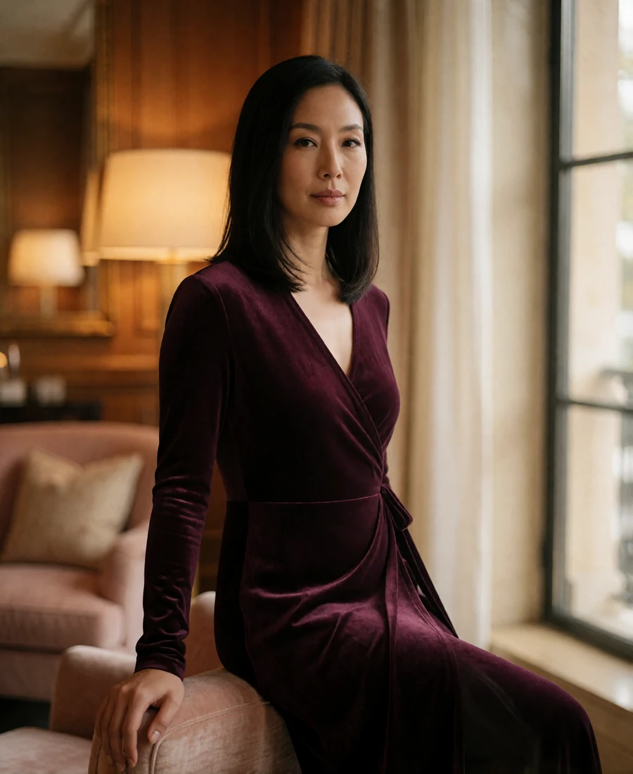 Verified Asian member in a wine-toned wrap dress seated by a tall window in a refined hotel lounge