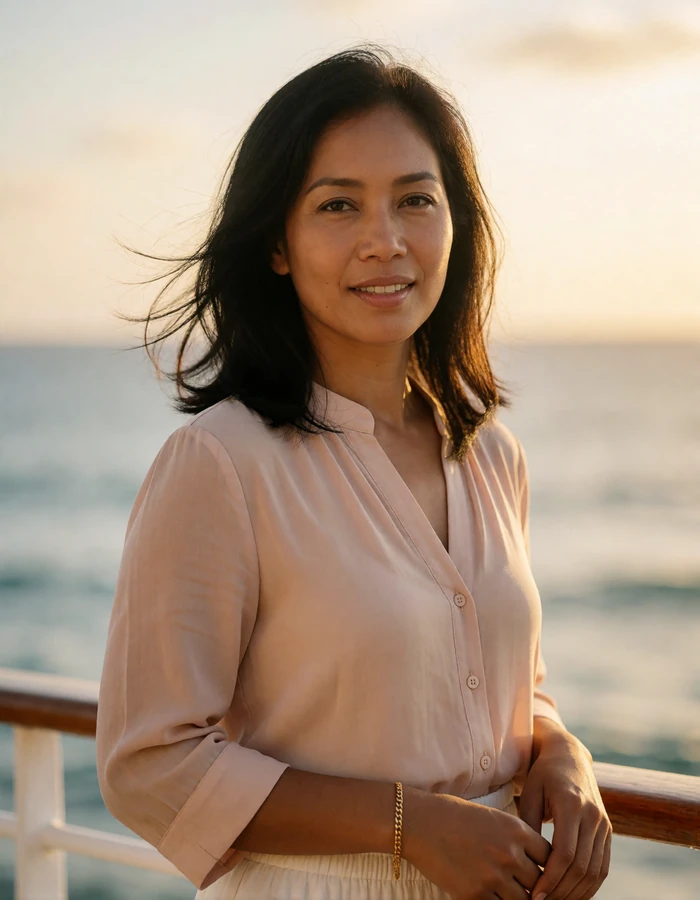 Graceful Timorese woman in her early forties near a coastal railing at golden hour, wearing a blush blouse
