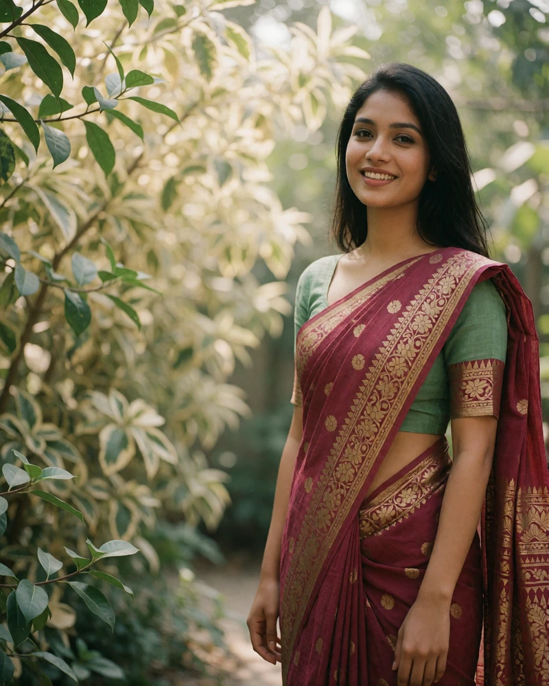 Cheerful Bangladeshi woman in a jade green cotton sari smiling in a leafy garden with soft dappled light