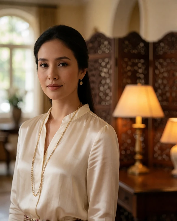 Refined Cambodian woman in an ivory silk blouse standing in a warmly lit boutique hotel lobby