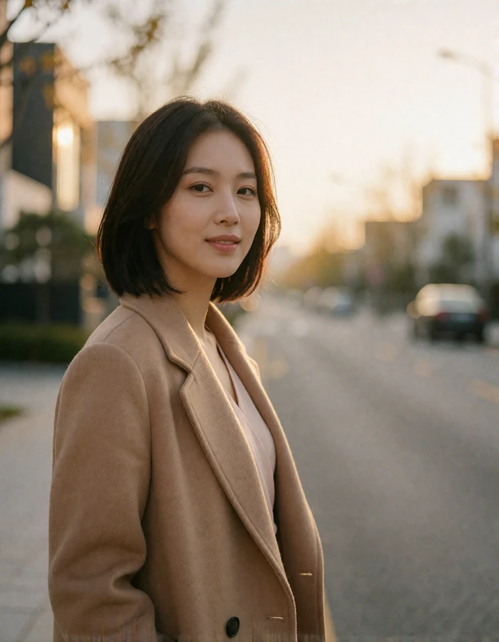 Korean woman in a camel coat standing on a calm city street at golden hour