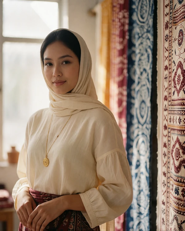 Graceful Indonesian woman in an ivory blouse and soft headscarf standing in a bright textile studio