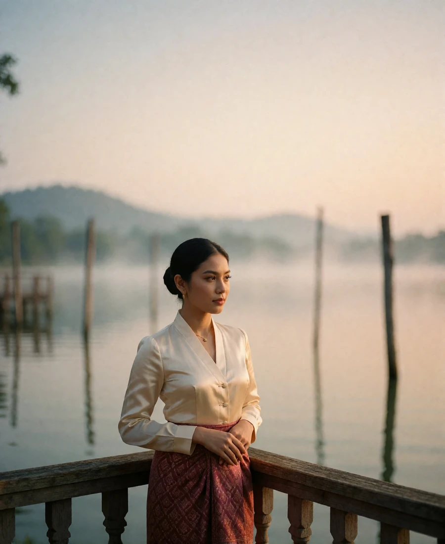 Poised Burmese woman in an ivory blouse and rose patterned longyi standing on a wooden lakeside pavilion
