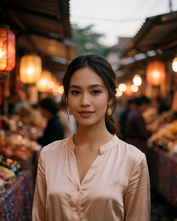 Graceful Laotian woman in a blush silk blouse standing in a warmly lit evening market lane