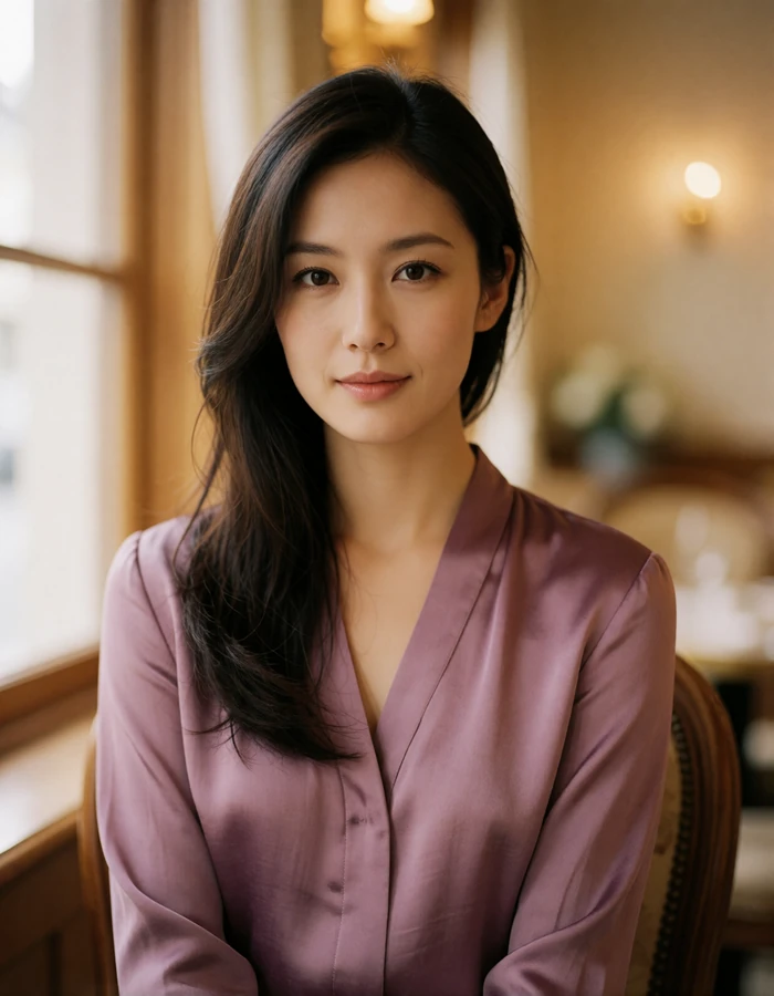 Poised Japanese woman in a soft plum silk blouse seated by a window in a quiet tearoom