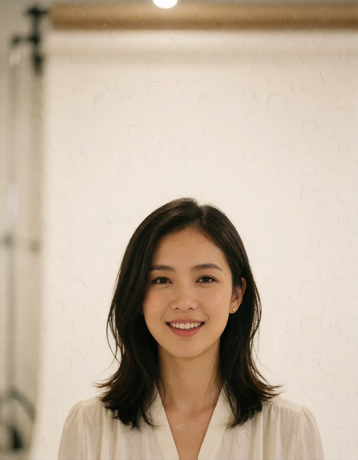 Smiling Taiwanese woman in an ivory blouse photographed against a soft cream studio background