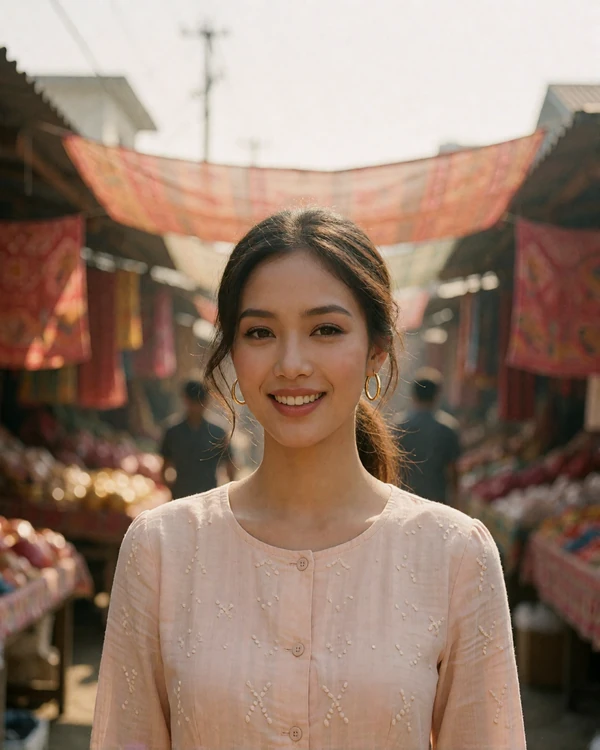 Graceful Burmese woman in a blush cotton blouse smiling warmly in a sunlit open-air market lane