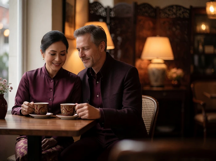 Mature couple sharing a warm smile over tea at a small teak table in a softly lit tea house